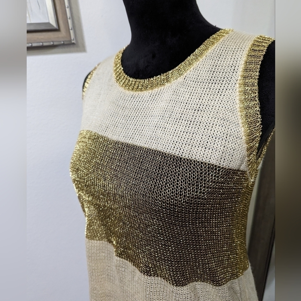 36Point5 Cream and Shimmer Gold Striped Tunic Tank Top M